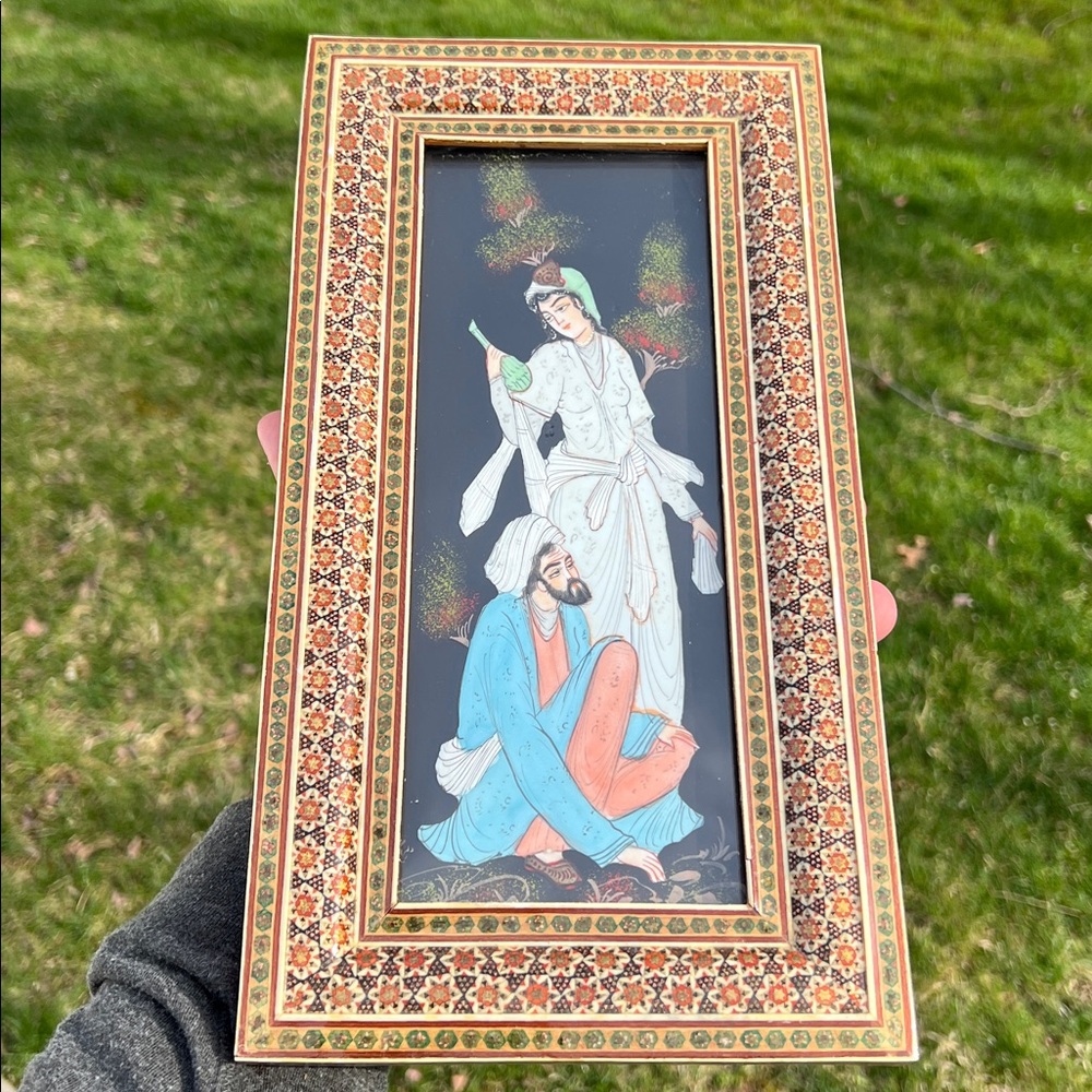 VTG Persian Mughal Folk Art Painting Woman Man Bone Khatam Marquetry Framed Art